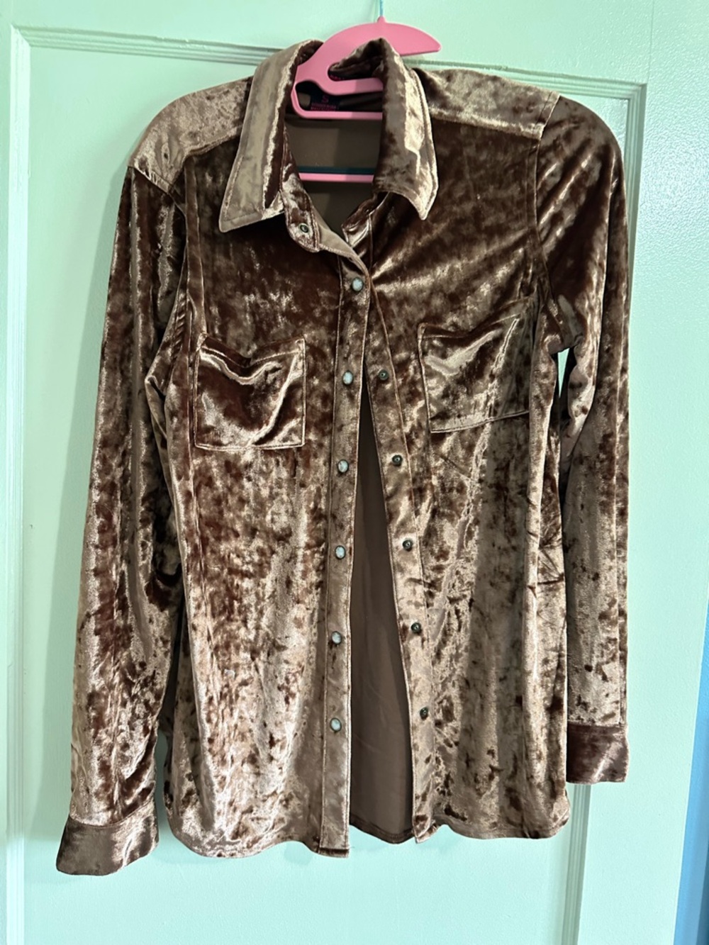 Velvet Button-Down Shirt Jacket in Brown